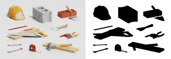建筑头盔和工具,白色背景图标集, 3D插图 — 图库照片