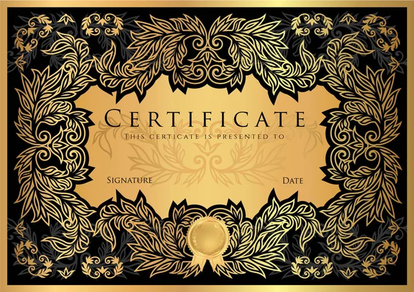 PrintCertificate, Diploma of completion (black design template, dark background) with floral, filigree pattern, scroll border, frame. Gold Certificate of Achievement, coupon, award, winner certificate — Stock Vector