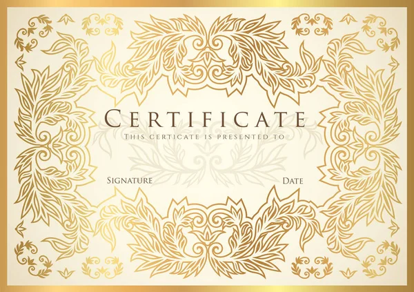 Certificato, Diploma di completamento (modello di design dorato, sfondo bianco) con motivo floreale, filigrana, bordo di scorrimento, cornice. Gold Certificate of Achievement, coupon, premio, certificato di vincitore — Vettoriale Stock