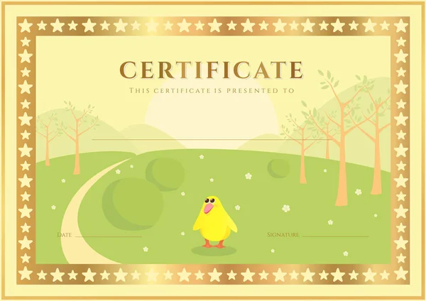 Horizontal Certificate of completion (template) with forest background (for children). Background usable for diploma, invitation, gift voucher or different awards. Vector — Stock Vector