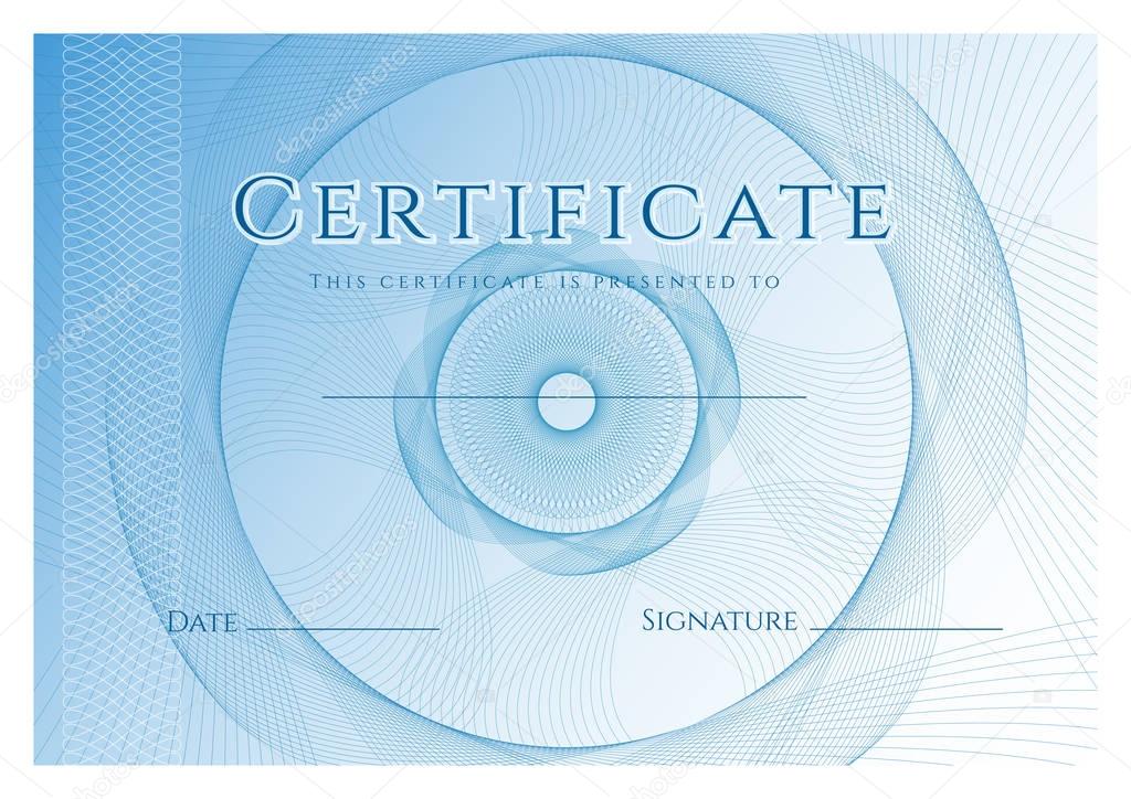 Certificate, Diploma of completion (design template, background) with blue guilloche pattern (watermark), frame. Useful for: Certificate of Achievement, Certificate of education, awards, winner