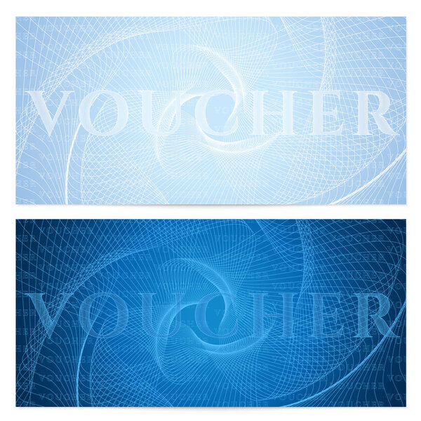 Voucher, Gift certificate, Coupon, ticket template. Guilloche pattern (watermark, spirograph). Blue background for banknote, money design, currency, bank note, check (cheque), ticket