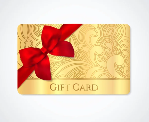 ギフト クーポン、ギフトカードの割引カード （ビジネス カード） 花とスクロール （渦巻き模様） ゴールド渦巻き模様のパターン (網目模様) ボー (リボン)。招待状は、チケットの休日背景デザイン。ベクトル — ストックベクタ