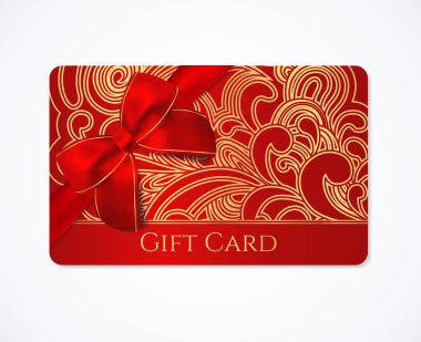 Hediye kuponu, hediye kartı (indirim) altın çiçek (kaydırma, girdap) desen ve kırmızı yay (şerit). Tatil arka plan tasarımı için bilet. Vektör