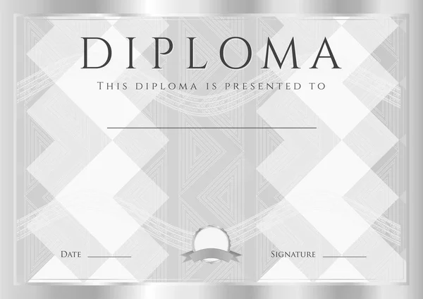 Diplom, Abschlusszeugnis (abstrakte Designschablone, Hintergrund) mit silbernem Rahmen und Gary-Muster — Stockvektor