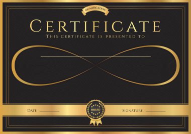 Sertifika, Diploma tamamlanma (soyut tasarım şablonu) Altın Çerçeve, siyah arka plan ve sonsuzluk simgesi