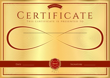 Sertifika, Diploma tamamlanma (soyut tasarım şablonu, arka plan) Altın Çerçeve, koyu kırmızı örnek ve sonsuzluk simgesi