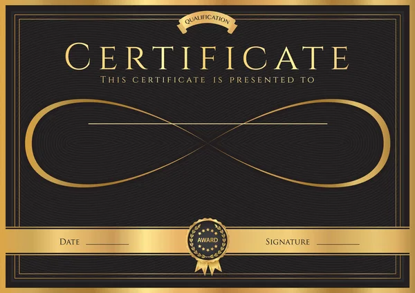 Sertifika, Diploma tamamlanma (soyut tasarım şablonu) Altın Çerçeve, siyah arka plan ve sonsuzluk simgesi