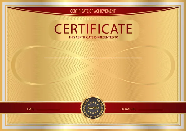 Certificaat, Diploma van voltooiing (abstracte ontwerpsjabloon, achtergrond) met gouden frame, donker rood patroon en Infinity symbool — Stockvector