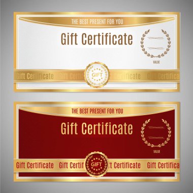 Çeki, hediye çeki, kupon şablonu. Beyaz ve altın arka plan kırmızı çerçeve, şerit ve bilet, para tasarım için amblem tasarımı sayesinde, (Çek kontrol)