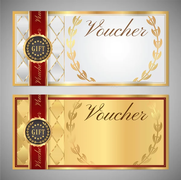 Gift certificate, Voucher, Coupon template. White and red background design with gold frame, ribbon and emblem for ticket, money design, check (cheque) — Stock Vector