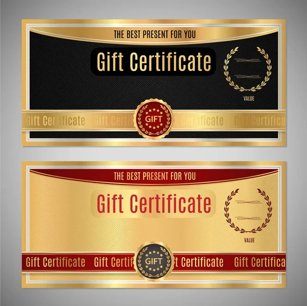 Gift certificate, Voucher, Coupon template. Black and gold background design with gold frame, ribbon and emblem for ticket, money design, check (cheque) — Stock Vector