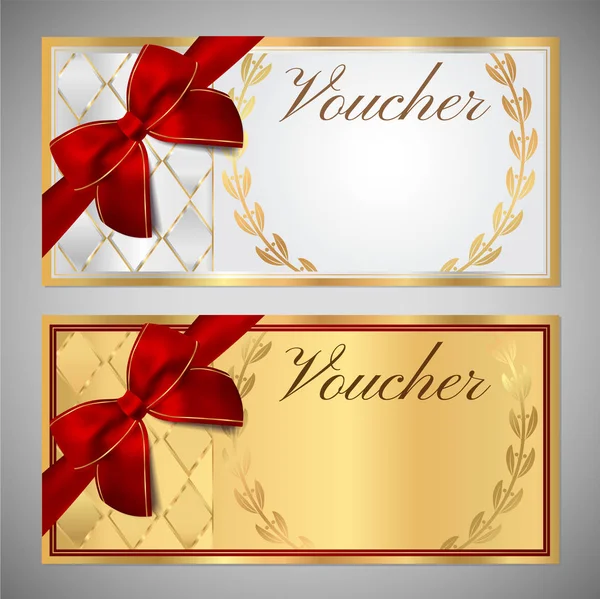 Voucher, Buono regalo, Modello coupon. disegno sfondo bianco e oro con fiocco rosso (nastro) per il biglietto, disegno dei soldi, assegno (assegno ) — Vettoriale Stock