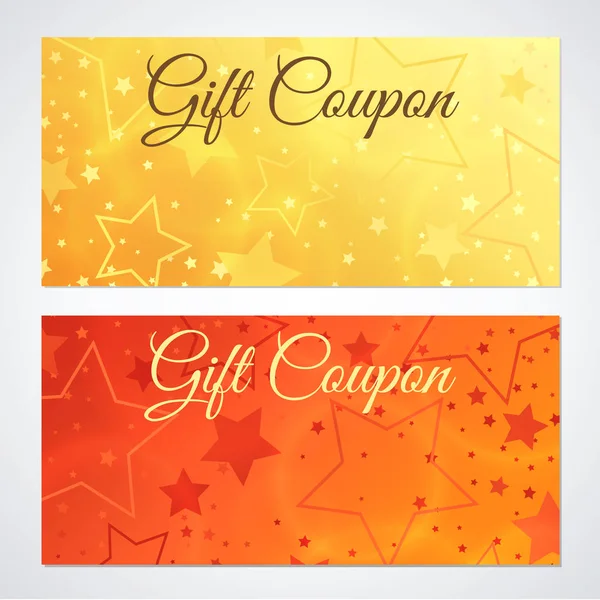 Cadeaubon, waardebon, Coupon, uitnodiging of Gift card korting sjabloon met sprankelende, flonkerende sterren (textuur). Rood, gouden achtergrondontwerp voor holiday gift bankbiljet, check, flyer — Stockvector