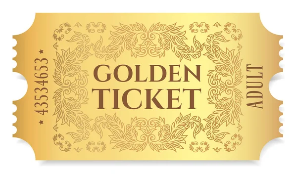 Gold ticket, golden token (tear-off ticket, coupon) isolated on white background. Useful for any festival, party, cinema, event, entertainment show — Stock Vector