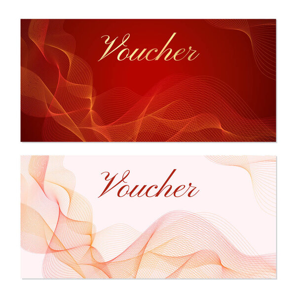 Voucher, Gift certificate, Coupon template. Guilloche pattern (watermark, red lines). Background for banknote, money design, currency, bank note, check (cheque), ticket