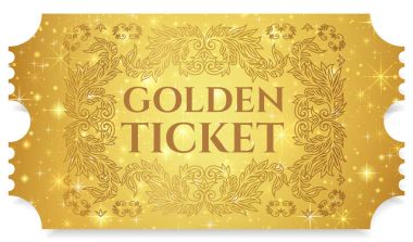 Gold ticket, golden token (tear-off ticket, coupon) with star magical background. Useful for any festival, party, cinema, event, entertainment show clipart