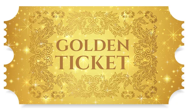 Gold ticket, golden token (tear-off ticket, coupon) with star magical background. Useful for any festival, party, cinema, event, entertainment show — Stock Vector