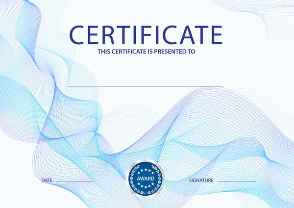 Certificaat, Diploma van voltooiing (ontwerpsjabloon, donker blauwe achtergrond) met guillochepatroon (watermerk, lijnen) — Stockvector