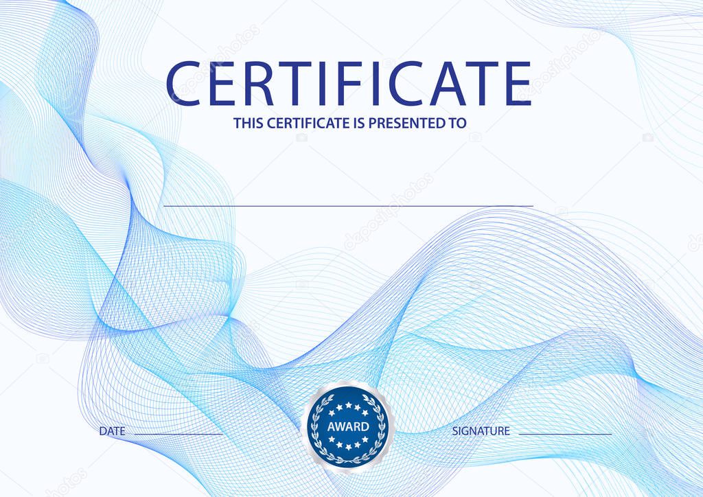 Certificate, Diploma of completion (design template, dark blue background) with guilloche pattern (watermark, lines)