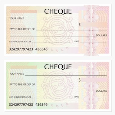 Onay (Çek), Çek defteri şablon. Filigran, Guillochlu desenle gökadasında. Banknot, para tasarım, para birimi, banka için arka plan dikkat, çeki, hediye çeki, kupon, Bilet