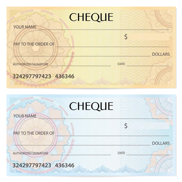 支票 （支票）、 支票簿模板。Guilloche 模式与水印，描记器。背景为钞票、 钱设计、 货币、 银行注意，凭证、 礼券、 优惠券，票 — 图库矢量图片
