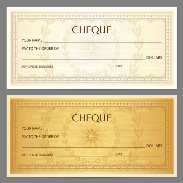 Cheque (cheque), modelo do Chequebook. Guilhochê padrão com marca d 'água, espirógrafo. Antecedentes para nota, desenho de dinheiro, moeda, nota bancária, Voucher, Certificado de presente, Cupom, bilhete — Vetor de Stock