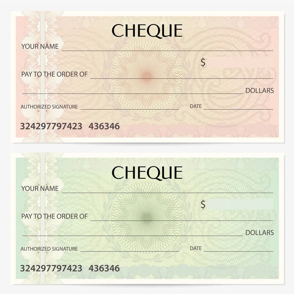 Cheque (cheque), plantilla de Chequera. Patrón guilloche con marca de agua, espirógrafo. Fondo para el billete, diseño de dinero, moneda, billete de banco, vale, certificado de regalo, cupón, billete — Archivo Imágenes Vectoriales