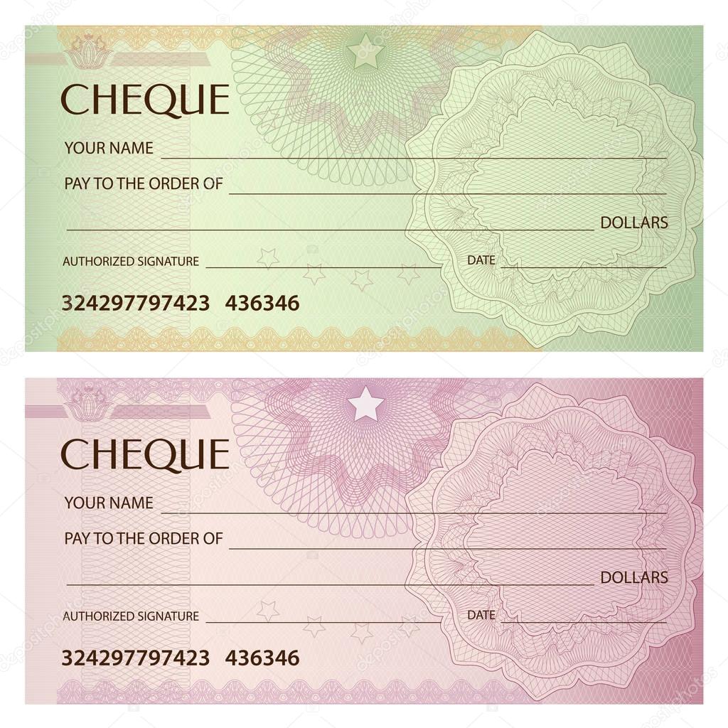 Check (cheque), Chequebook template. Guilloche pattern with watermark, spirograph. Background for banknote, money design, currency, bank note, Voucher, Gift certificate, Coupon, ticket