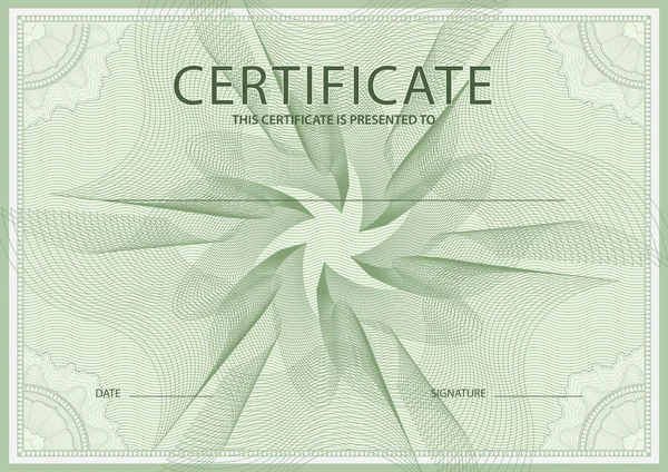 Certificado, Diploma de conclusão (modelo de projeto, fundo) com padrão guilhochê verde (marca d 'água ) — Vetor de Stock