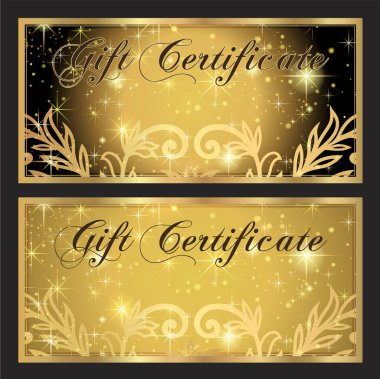 Çeki, hediye çeki, kupon şablonu. Altın ve siyah arka plan tasarımı için bilet, para tasarım, yıldız ile kontrol edin (Çek)