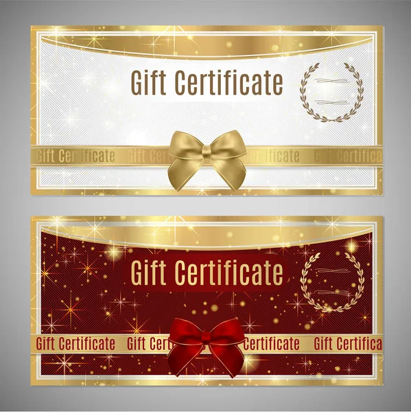 Voucher Gift Certificate Coupon Template White Gold Background Design Red — Stock Vector