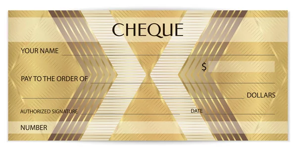 金色支票模板 具有水印细纹的抽象图案 背景钞票 货币设计 银行票据 礼品券 — 图库矢量图片