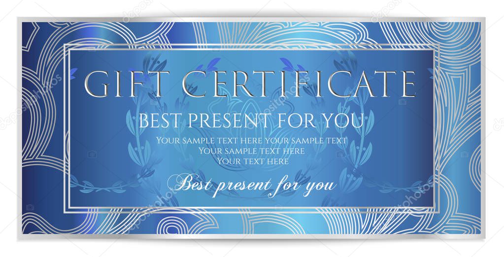 Gift certificate, Voucher, Coupon template. Royal blue background design with Silver frame pattern for ticket or invitation