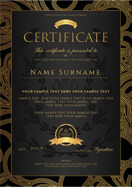 Certificate, Diploma (golden design template, colorful background) with floral, filigree pattern, scroll border, gold frame. Certificate of Achievement, coupon, award, winner certificate clipart