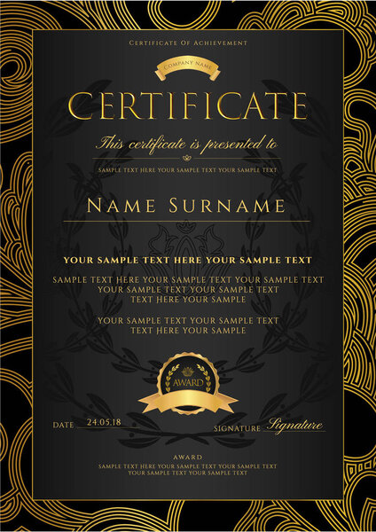 Сертификат, золотой дизайн, цветной фон с цветочным, фиолетовым узором, окантовка свитка, золотая рамка. Сертификат о достижении, купон, награда, сертификат победителя
