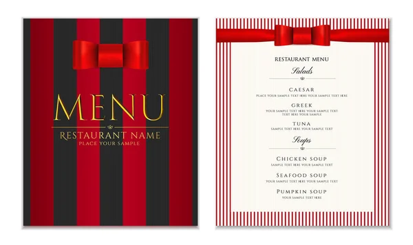 Plantilla Menú Restaurante Diseño Con Lazo Rojo Cinta Tiras Elegante — Vector de stock