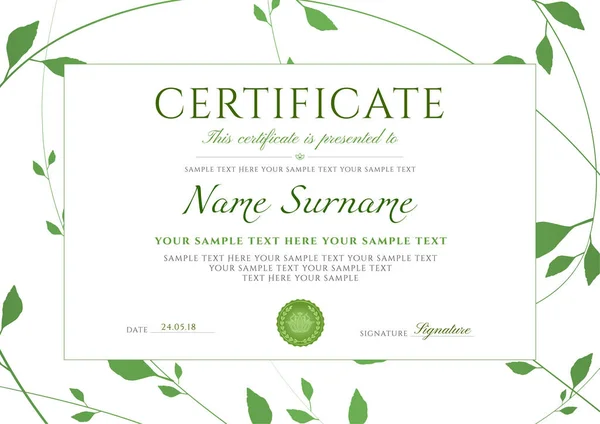 Certificado Modelo Conclusão Com Moldura Padrão Floral Verde Folhas Design —  Vetores de Stock