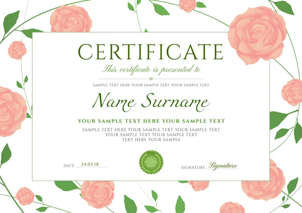 Modèle Certificat Achèvement Avec Fleurs Roses Cadre Motif Floral Vert — Image vectorielle