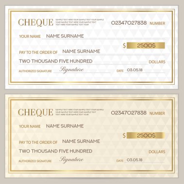 Check (cheque), Chequebook template. Abstract pattern with gold watermark. White background for banknote, money design, currency, bank note, Voucher, Gift certificate, Coupon, ticket clipart
