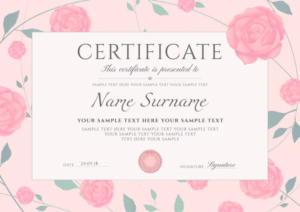 Modello Certificato Completamento Con Fiori Rosa Rosa Rose Cornice Modello — Vettoriale Stock
