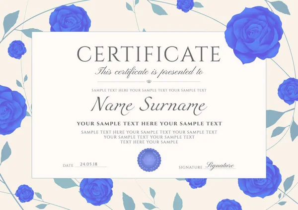 Modèle Certificat Achèvement Avec Fleurs Roses Bleues Cadre Motif Floral — Image vectorielle