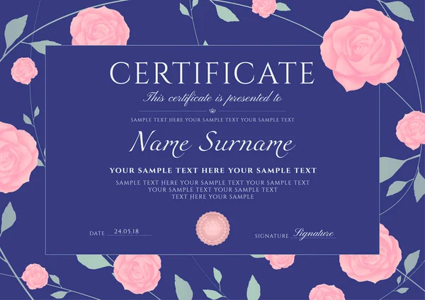 Modèle Certificat Achèvement Avec Fleurs Roses Bleues Cadre Motif Floral — Image vectorielle
