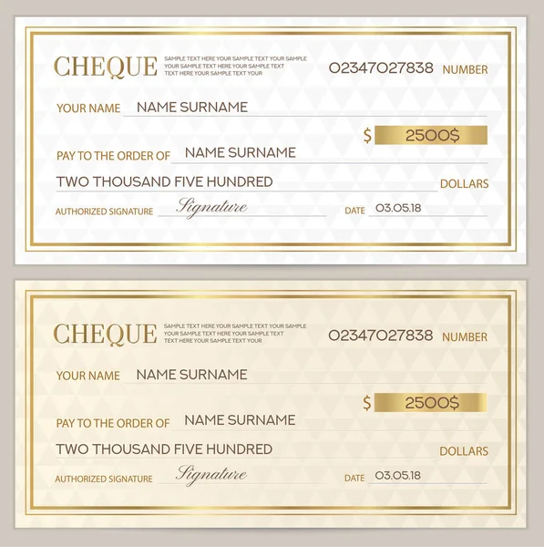 支票模板 带有金色水印的抽象图案 白色背景钞票 货币设计 银行票据 礼品证书 优惠券 — 图库矢量图片