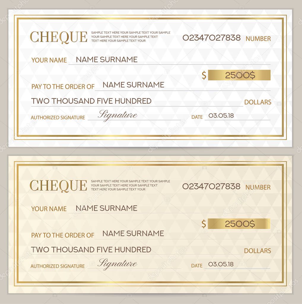 Check (cheque), Chequebook template. Abstract pattern with gold watermark. White background for banknote, money design, currency, bank note, Voucher, Gift certificate, Coupon, ticket