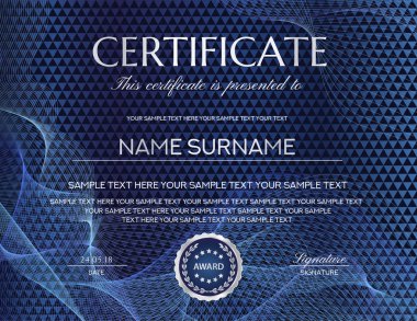 Arka plan ile sertifika. Mavi soyut desen (geometrik üçgen şekiller) tasarım şablonu. Arka plan Diploma, iş Eğitim Ödülü için yararlı