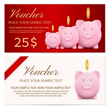 Voucher, Gift certificate, Coupon template design with Piggy bank vector and red bow (ribbon) for ticket design, discount gift card. Saving bank account concept on solated background. Finance capital  clipart