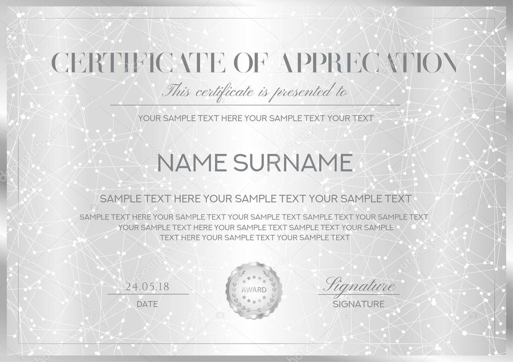 Certificate vector template with silver background, border and emblem. Formal secured Guilloche pattern for Diploma, deed, certificate of appreciation, achievemen
