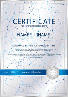 Sertifika dikey vektör şablonu arka planı. Diploma, tapu, takdir belgesi, başarı belgesi için resmi Guilloche modeli. Gümüş mühür, amblem.