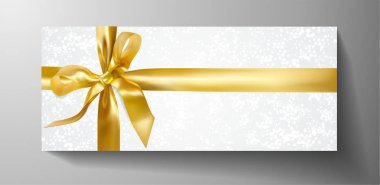 Hediye çeki, Fiş ya da Davetiye şablonu lüks altın fiyonk, beyaz desenli kurdele. Bayram hediyesi kartı için birinci sınıf boş tasarım 